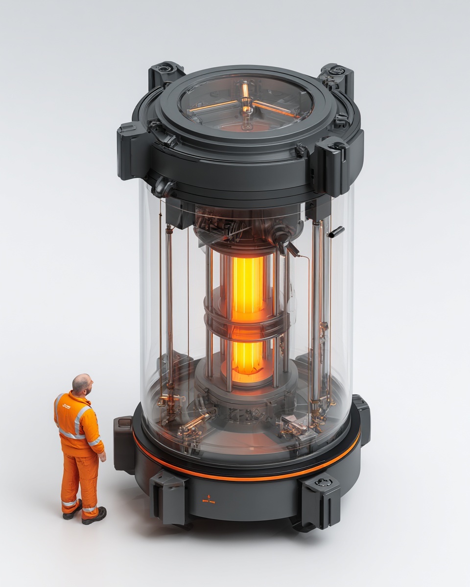 HELIX microreactor cutaway: graphite core, control drums, sodium heat pipes, passive air shroud
